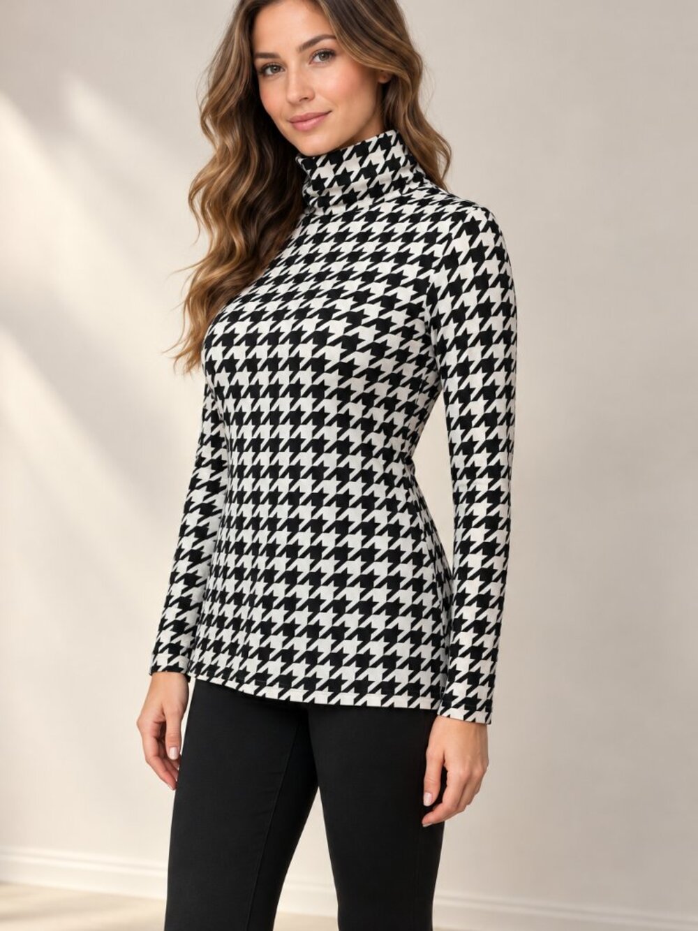Black White Houndstooth Turtleneck Long Sleeve Top Estimated M Mod Modcore
